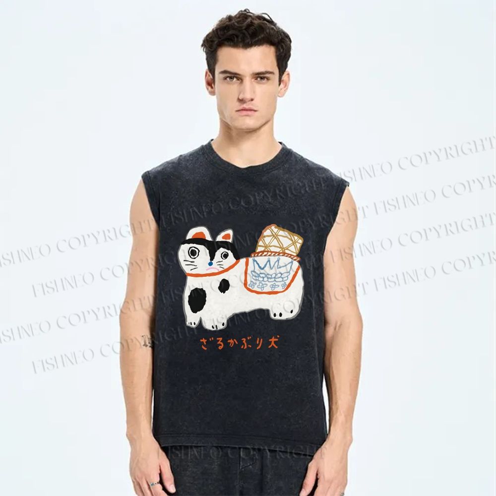 Unisex Japanese Silly Cat Printed Washed Tank Top