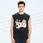 Unisex Japanese Silly Cat Printed Washed Tank Top