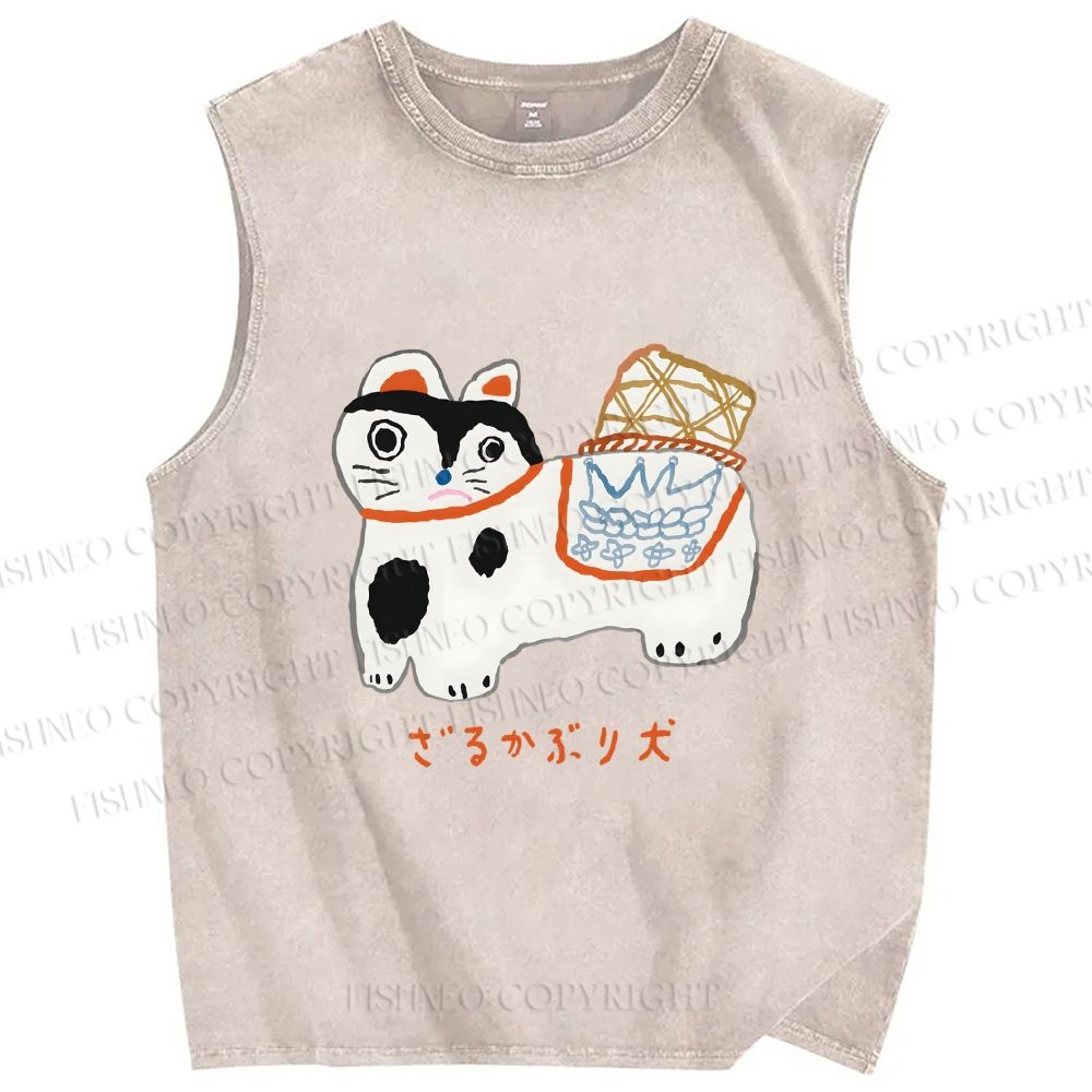 Unisex Japanese Silly Cat Printed Washed Tank Top