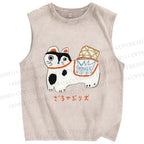 Unisex Japanese Silly Cat Printed Washed Tank Top