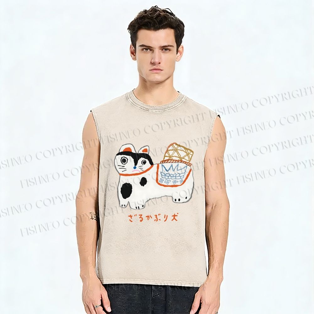 Unisex Japanese Silly Cat Printed Washed Tank Top