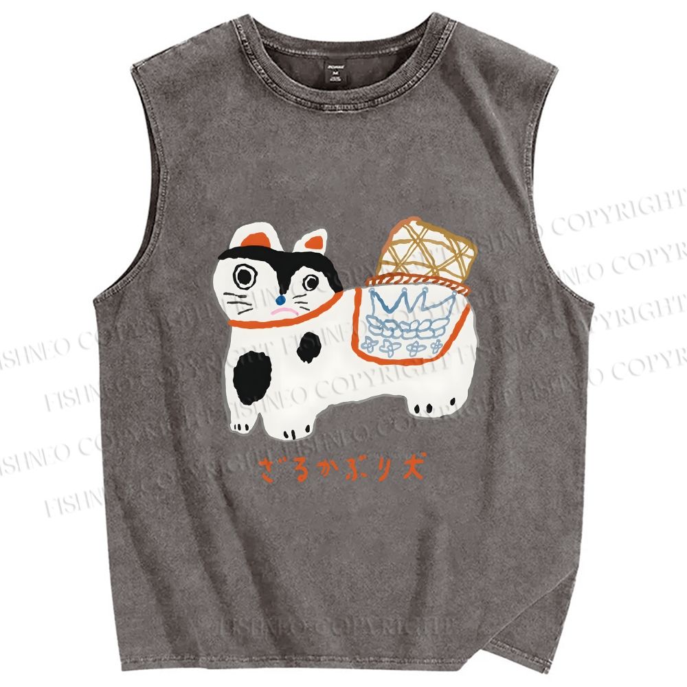 Unisex Japanese Silly Cat Printed Washed Tank Top