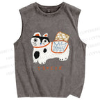 Unisex Japanese Silly Cat Printed Washed Tank Top