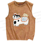Unisex Japanese Silly Cat Printed Washed Tank Top
