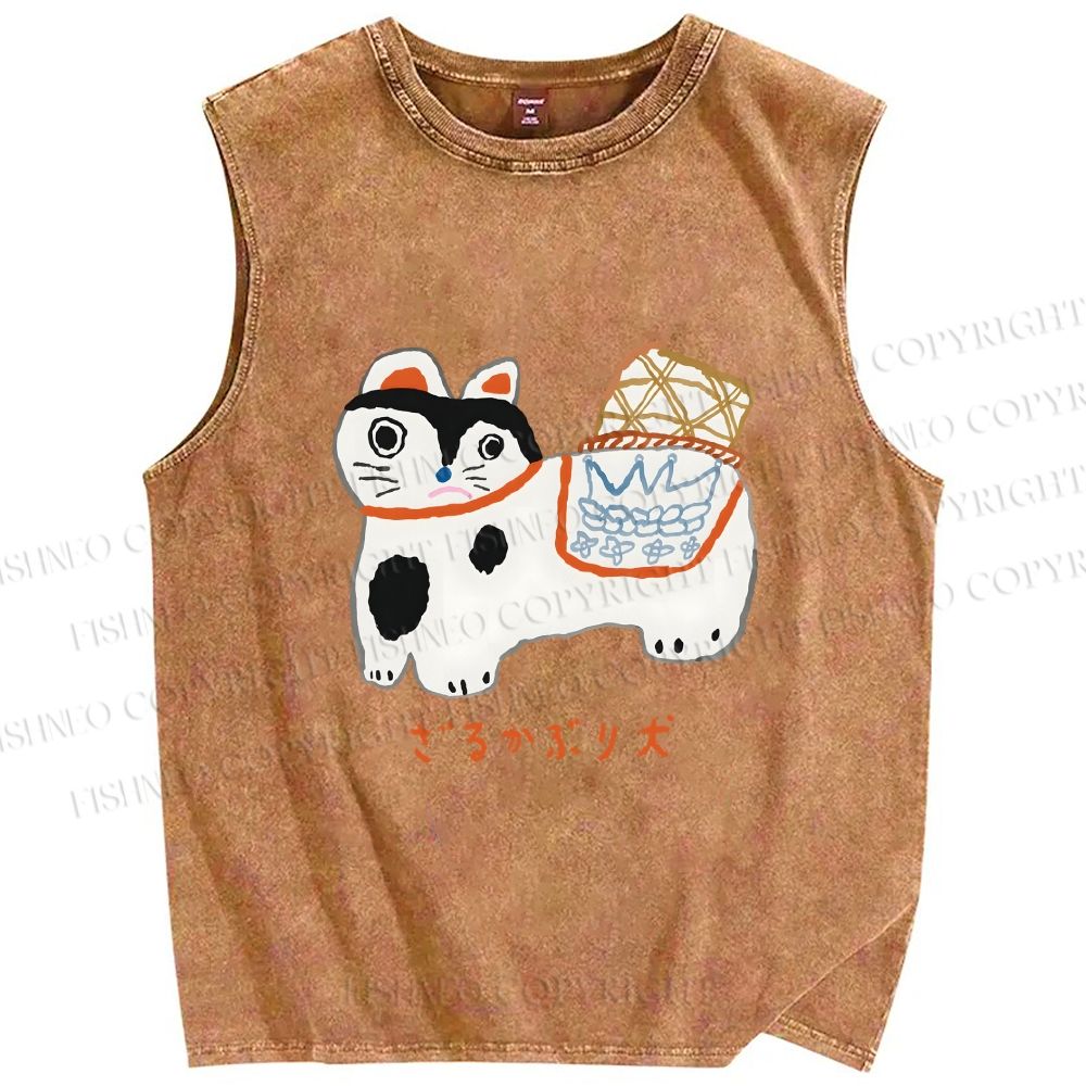 Unisex Japanese Silly Cat Printed Washed Tank Top
