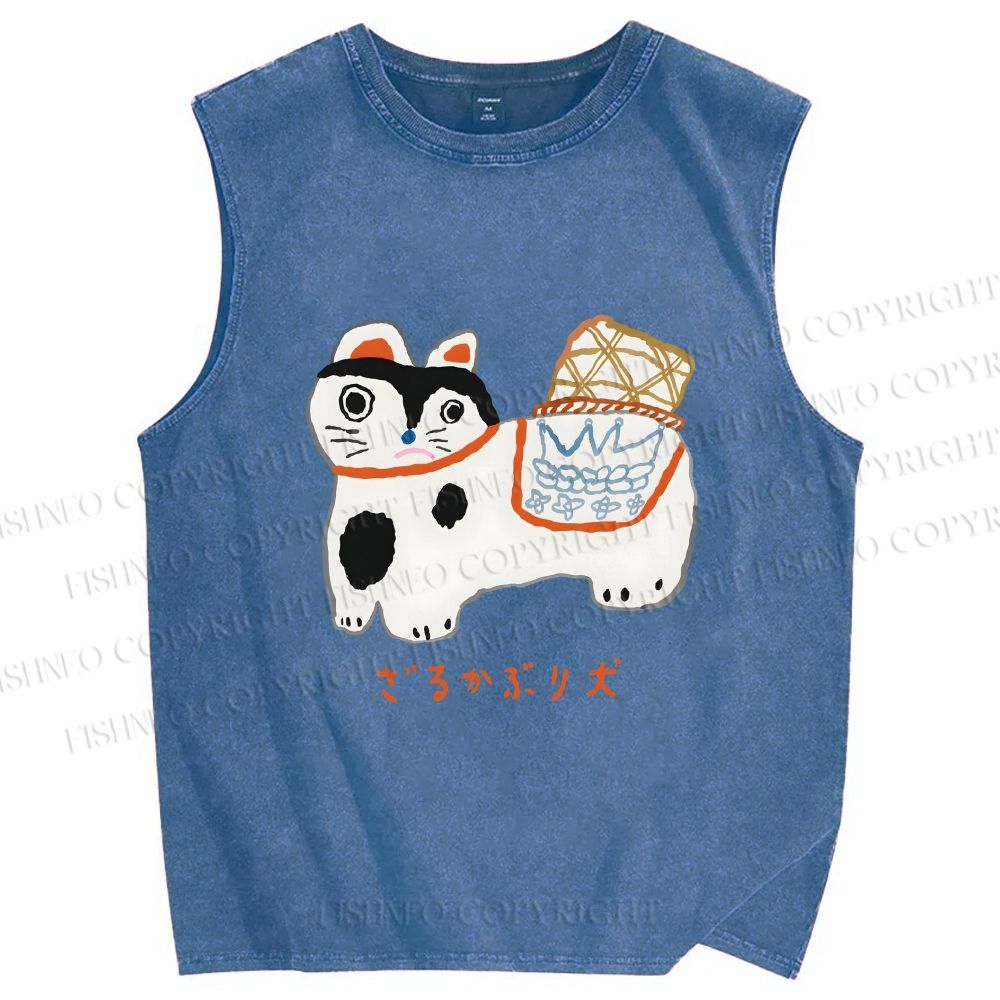 Unisex Japanese Silly Cat Printed Washed Tank Top