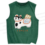 Unisex Japanese Silly Cat Printed Washed Tank Top