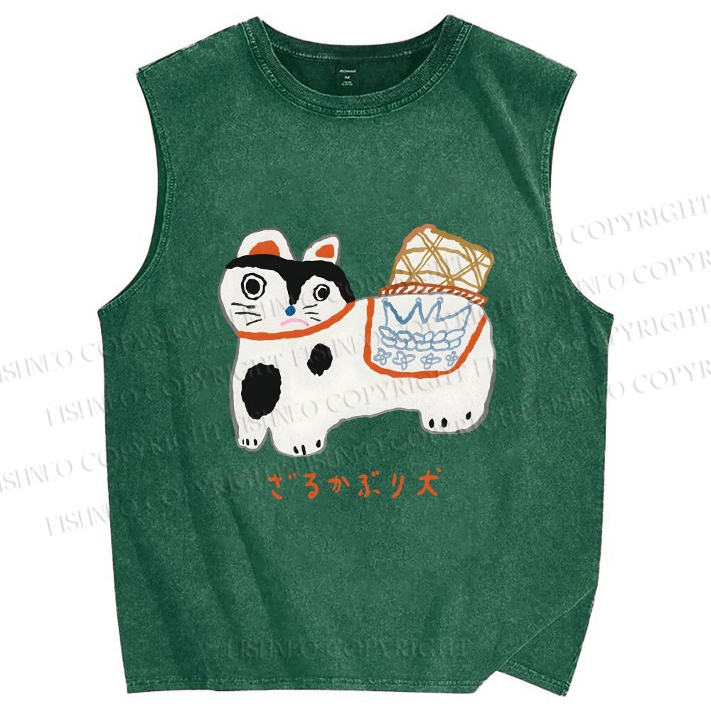 Unisex Japanese Silly Cat Printed Washed Tank Top