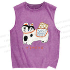 Unisex Japanese Silly Cat Printed Washed Tank Top