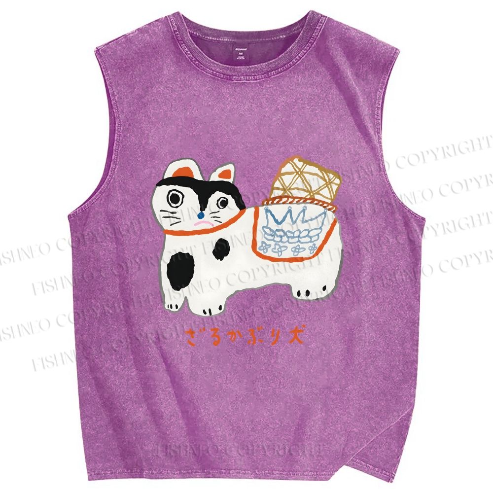 Unisex Japanese Silly Cat Printed Washed Tank Top