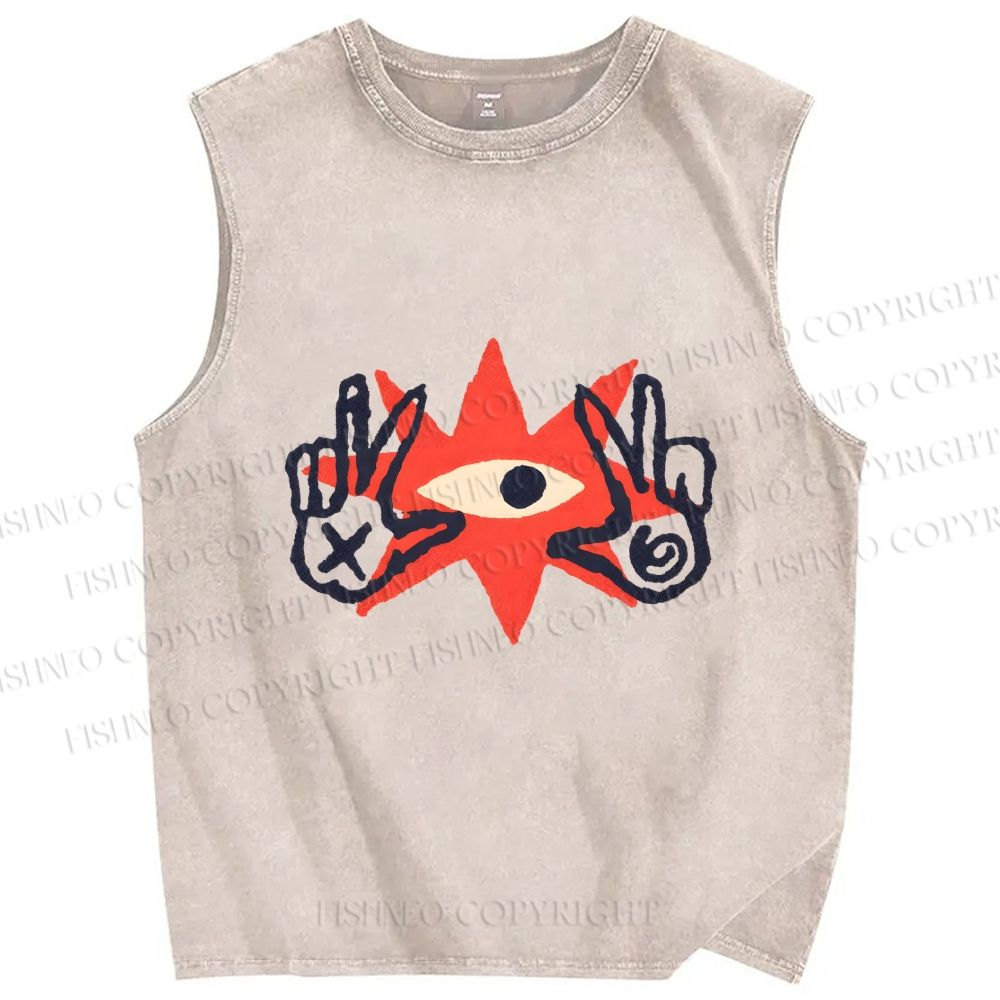 Unisex Funny Eye Making Gestures Printed Washed Tank Top