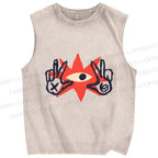 Unisex Funny Eye Making Gestures Printed Washed Tank Top