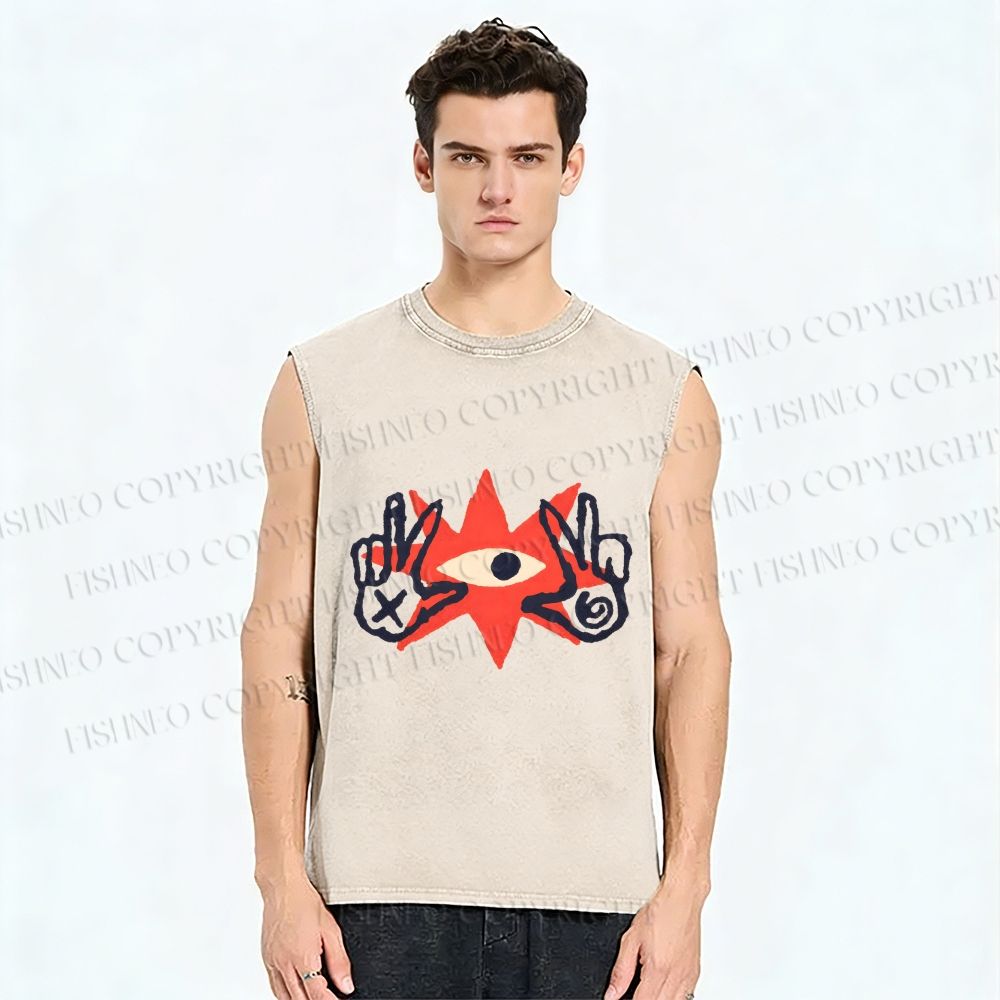 Unisex Funny Eye Making Gestures Printed Washed Tank Top