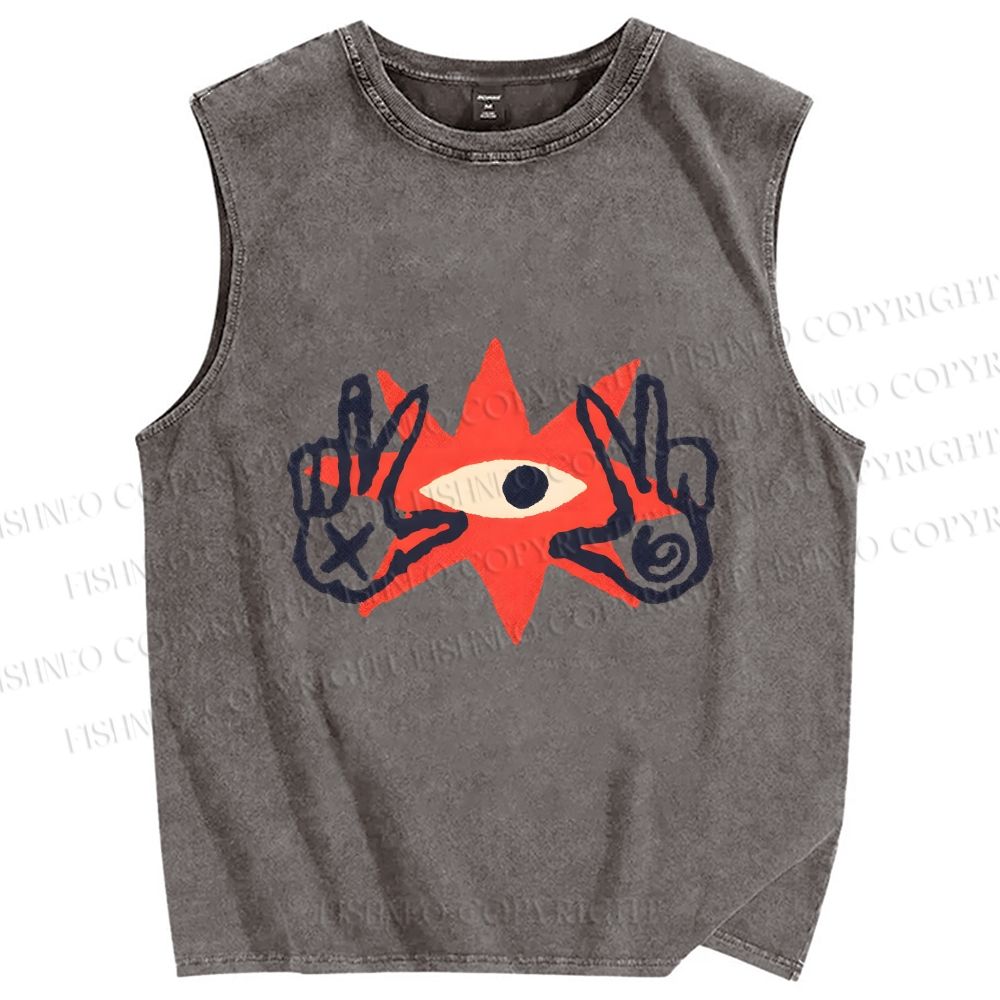 Unisex Funny Eye Making Gestures Printed Washed Tank Top