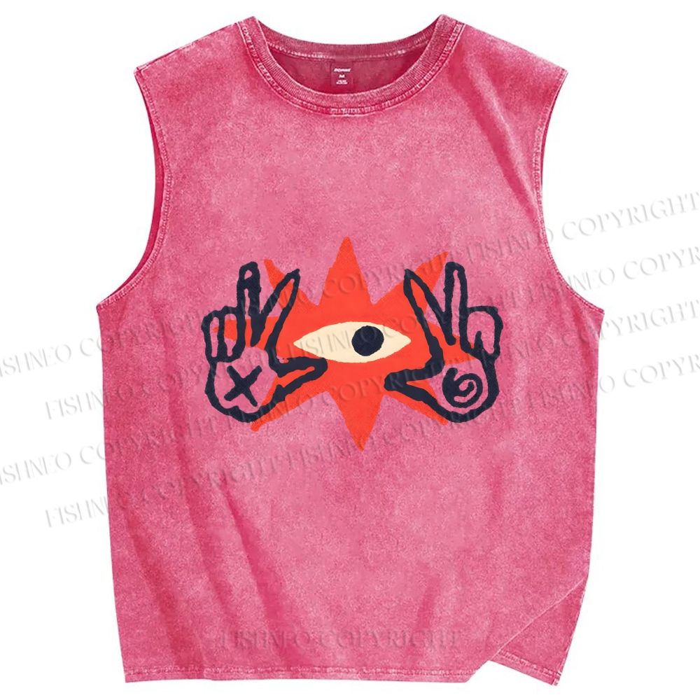Unisex Funny Eye Making Gestures Printed Washed Tank Top