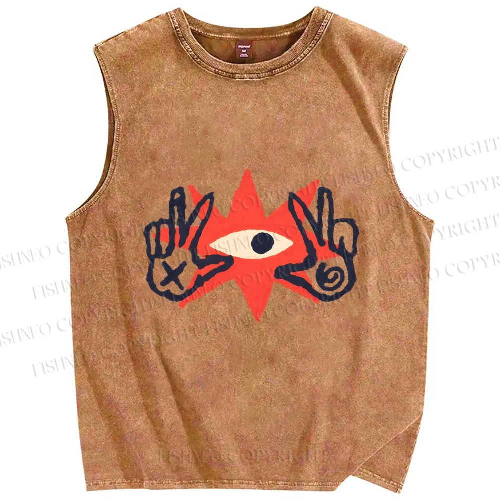 Unisex Funny Eye Making Gestures Printed Washed Tank Top