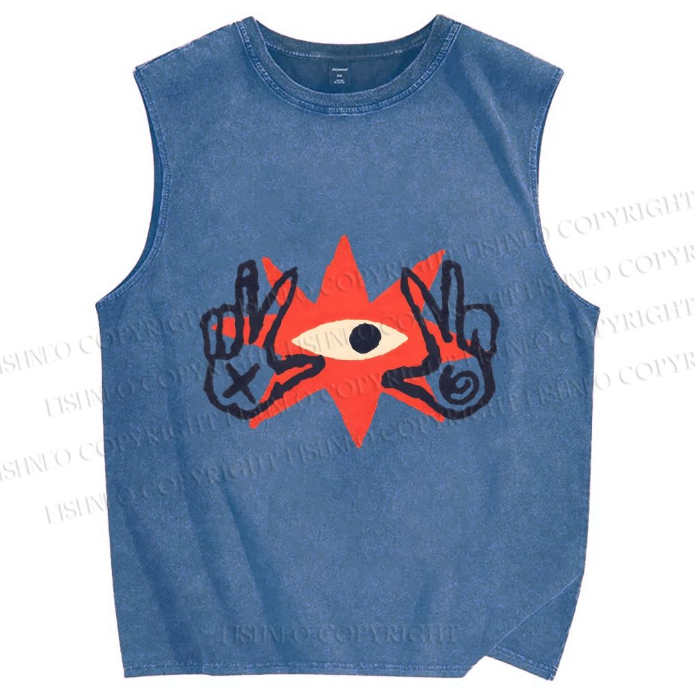 Unisex Funny Eye Making Gestures Printed Washed Tank Top
