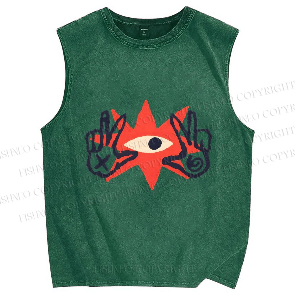 Unisex Funny Eye Making Gestures Printed Washed Tank Top