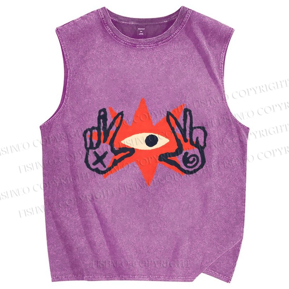 Unisex Funny Eye Making Gestures Printed Washed Tank Top