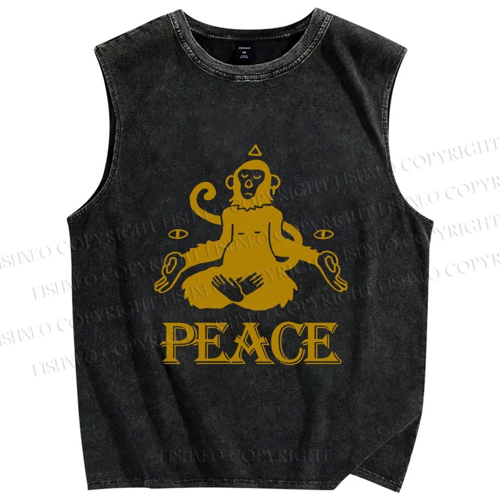 Unisex Peace Monkey Meditating Printed Washed Tank Top