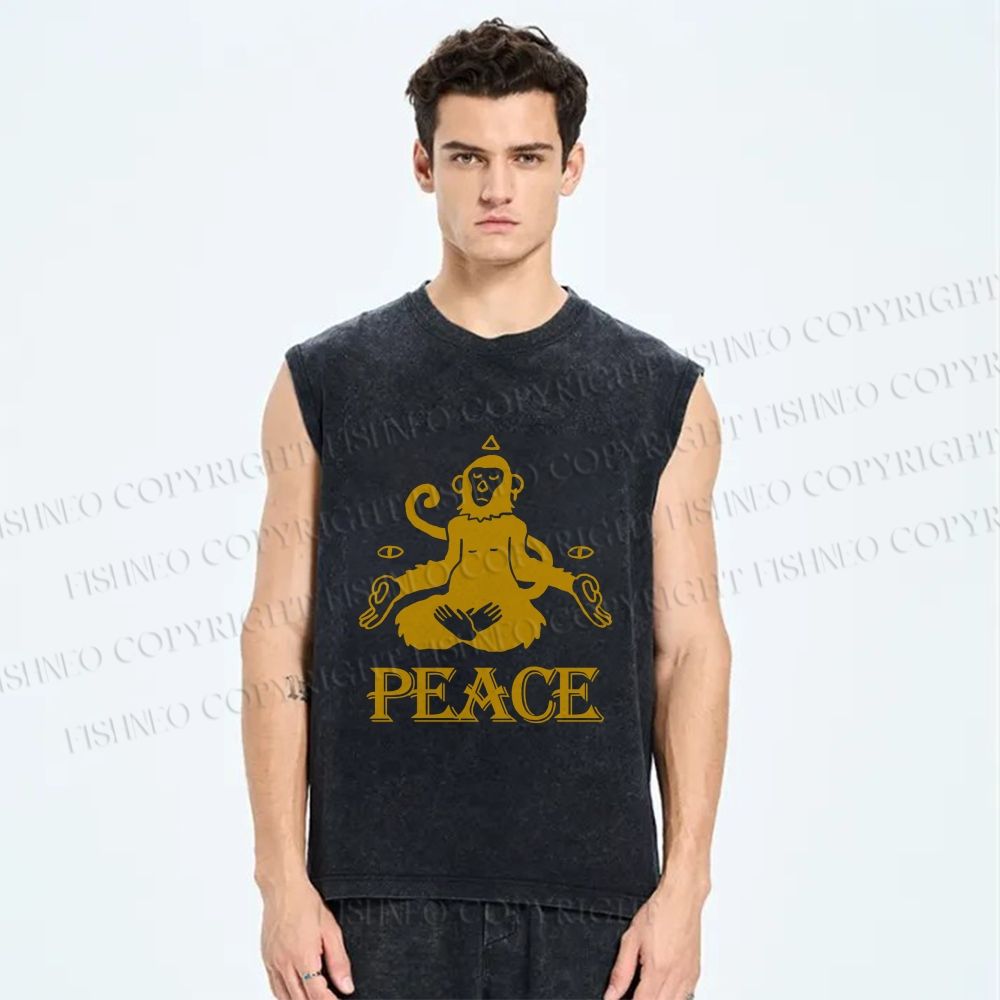 Unisex Peace Monkey Meditating Printed Washed Tank Top