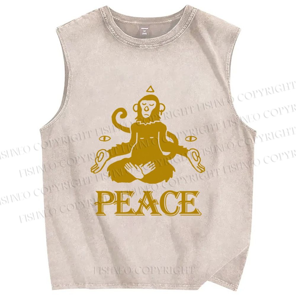 Unisex Peace Monkey Meditating Printed Washed Tank Top