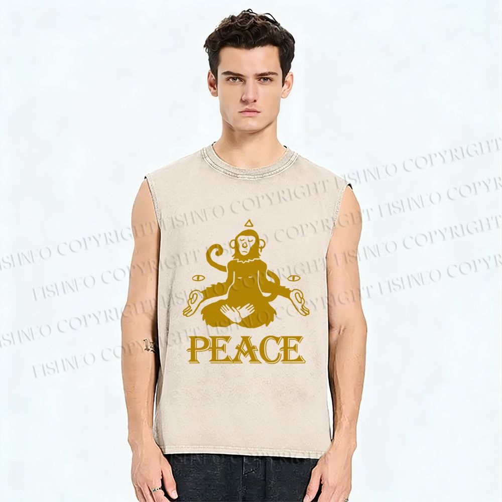 Unisex Peace Monkey Meditating Printed Washed Tank Top