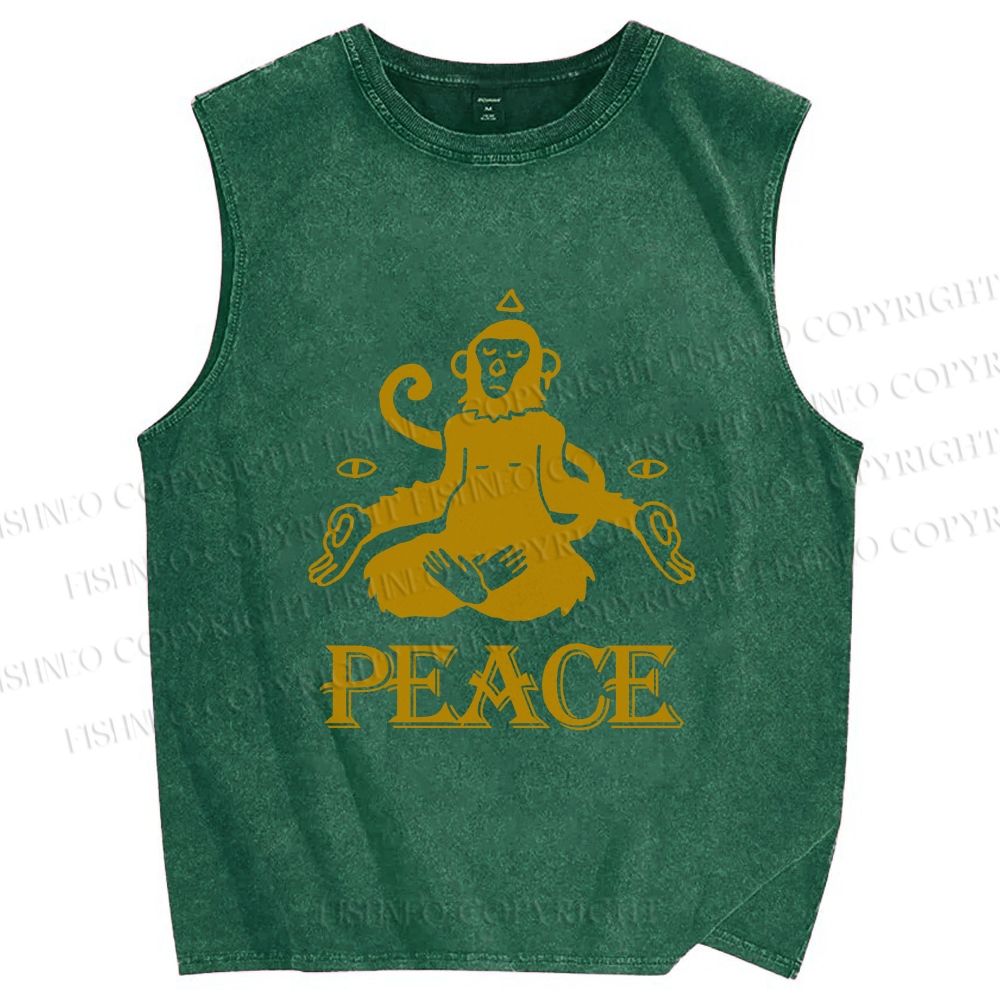 Unisex Peace Monkey Meditating Printed Washed Tank Top