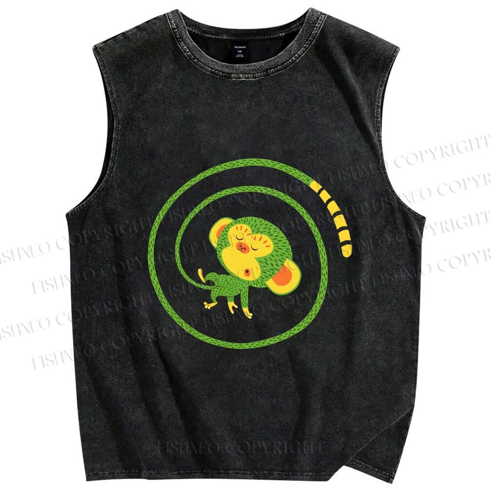 Unisex Green Monkey in Tail Circle Printed Washed Tank Top