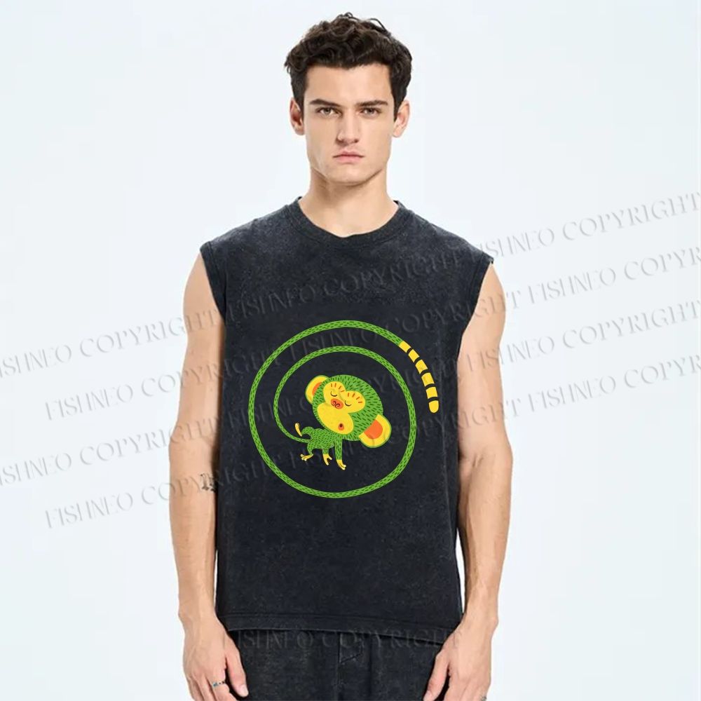 Unisex Green Monkey in Tail Circle Printed Washed Tank Top