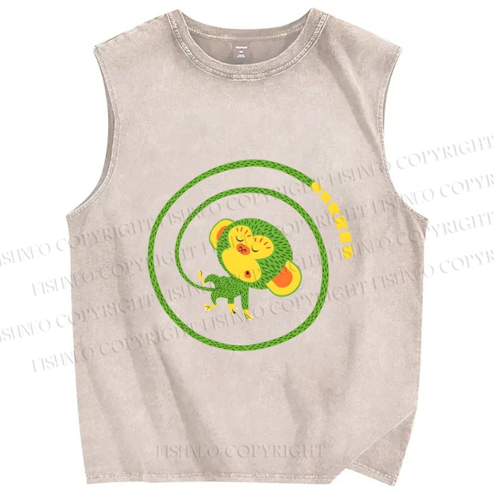 Unisex Green Monkey in Tail Circle Printed Washed Tank Top