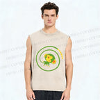 Unisex Green Monkey in Tail Circle Printed Washed Tank Top