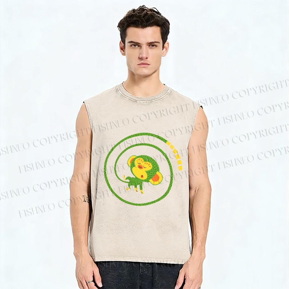 Unisex Green Monkey in Tail Circle Printed Washed Tank Top