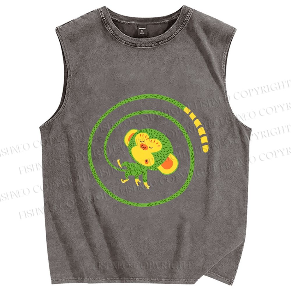 Unisex Green Monkey in Tail Circle Printed Washed Tank Top