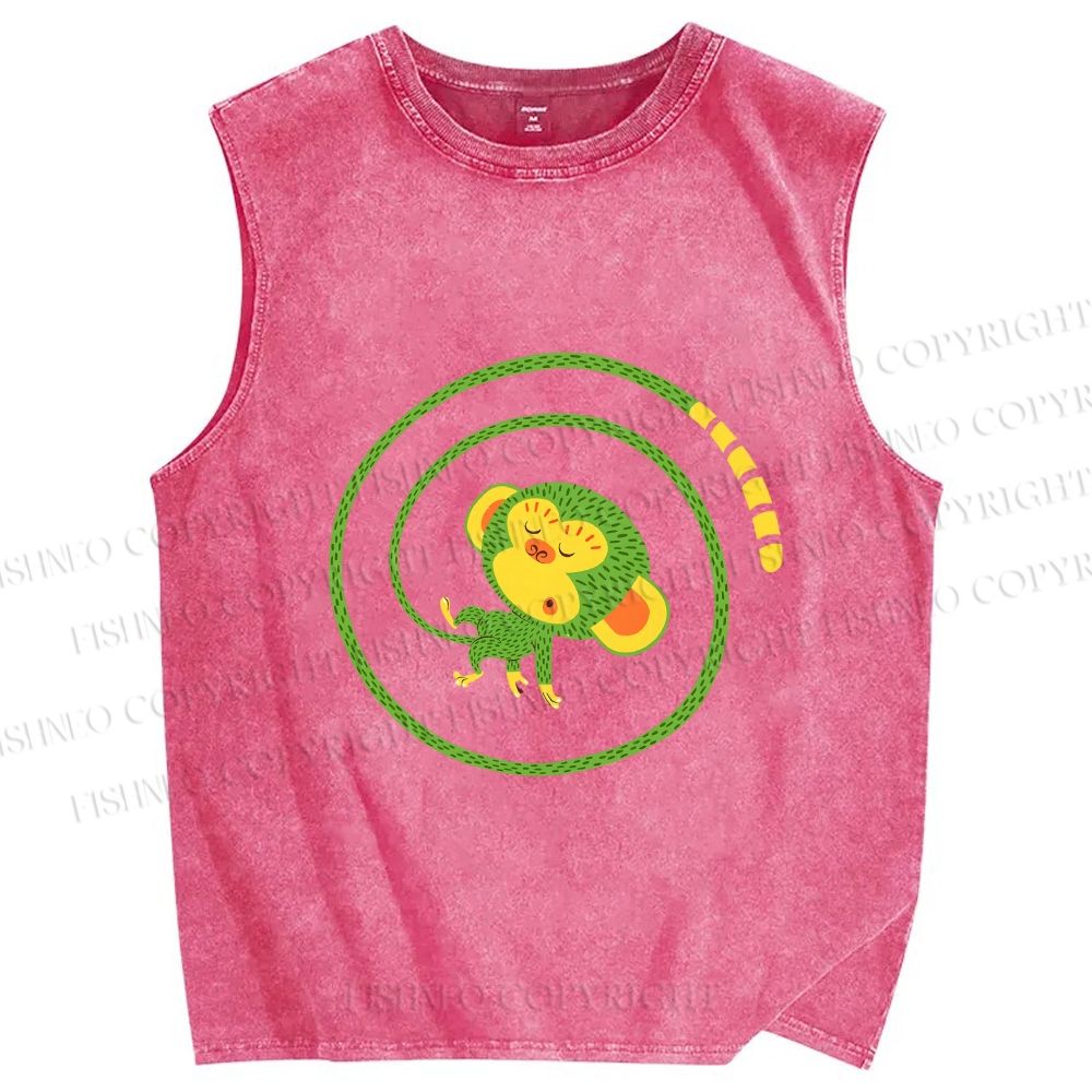 Unisex Green Monkey in Tail Circle Printed Washed Tank Top