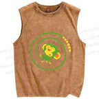 Unisex Green Monkey in Tail Circle Printed Washed Tank Top