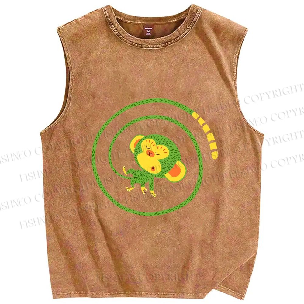 Unisex Green Monkey in Tail Circle Printed Washed Tank Top