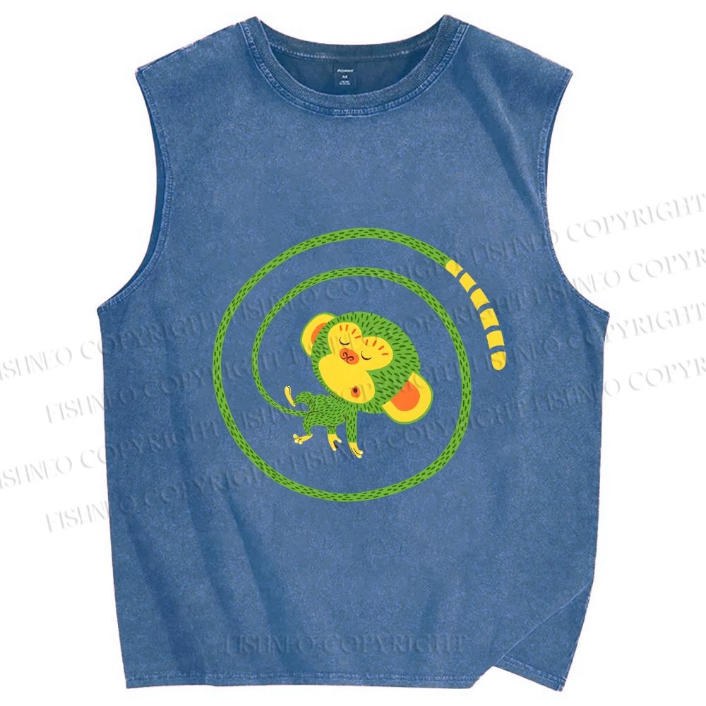 Unisex Green Monkey in Tail Circle Printed Washed Tank Top