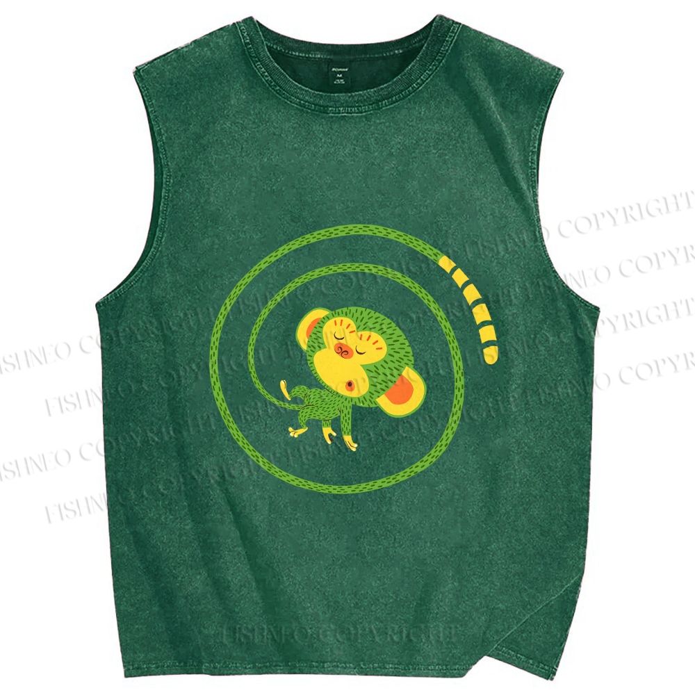Unisex Green Monkey in Tail Circle Printed Washed Tank Top