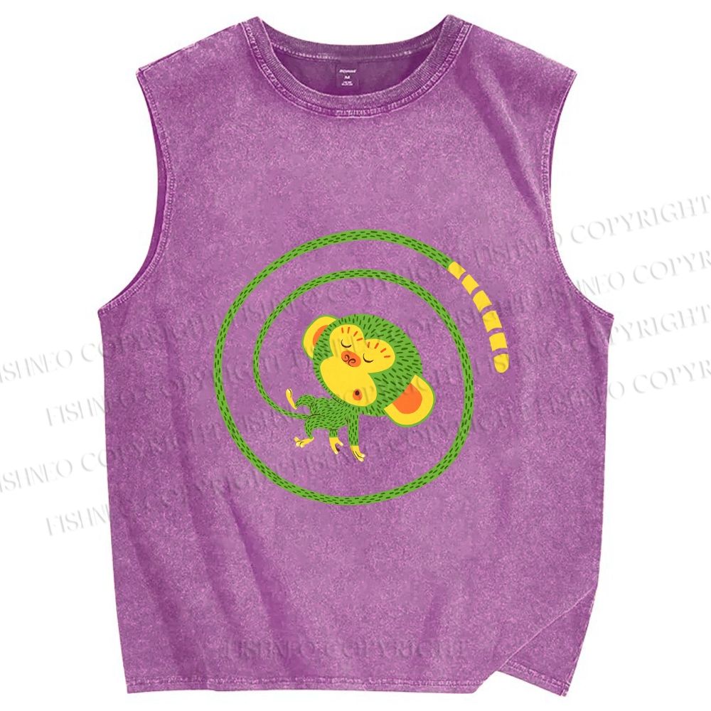 Unisex Green Monkey in Tail Circle Printed Washed Tank Top