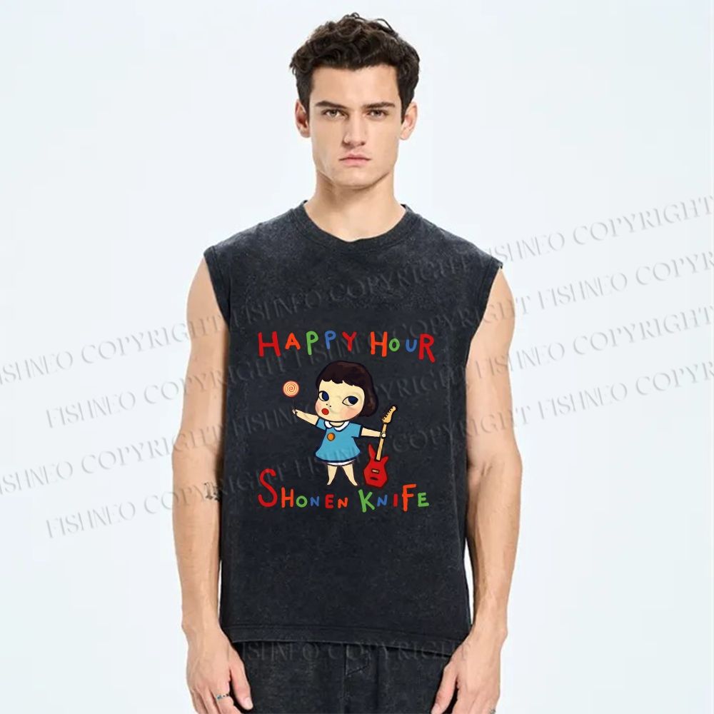 Unisex Yoshitomo Nara Shonen Knife Printed Washed Tank Top