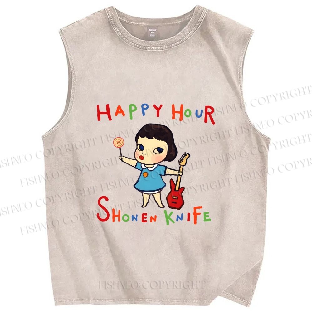 Unisex Yoshitomo Nara Shonen Knife Printed Washed Tank Top