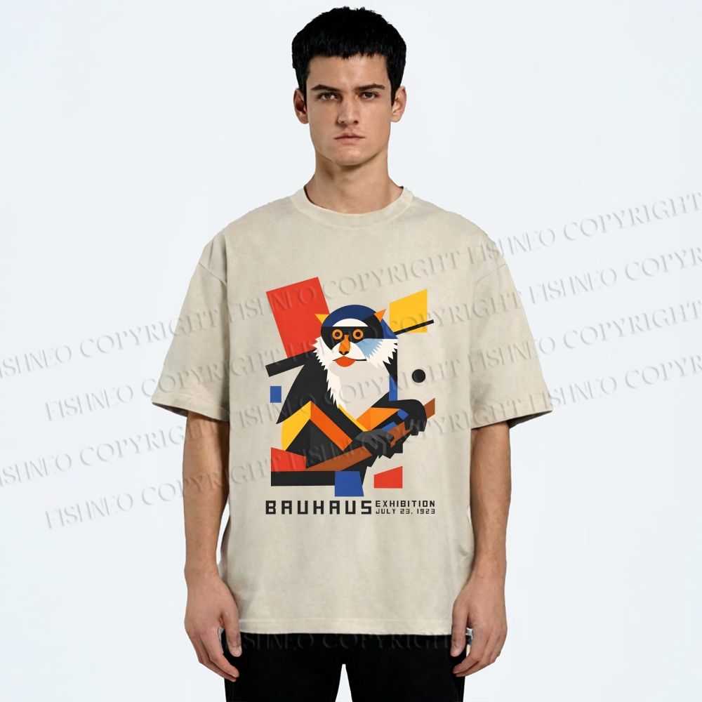 Unisex Bauhaus Design Monkey Printed Washed Tee