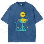 Unisex Blue Monkey Meditating meditating Printed Washed Tee