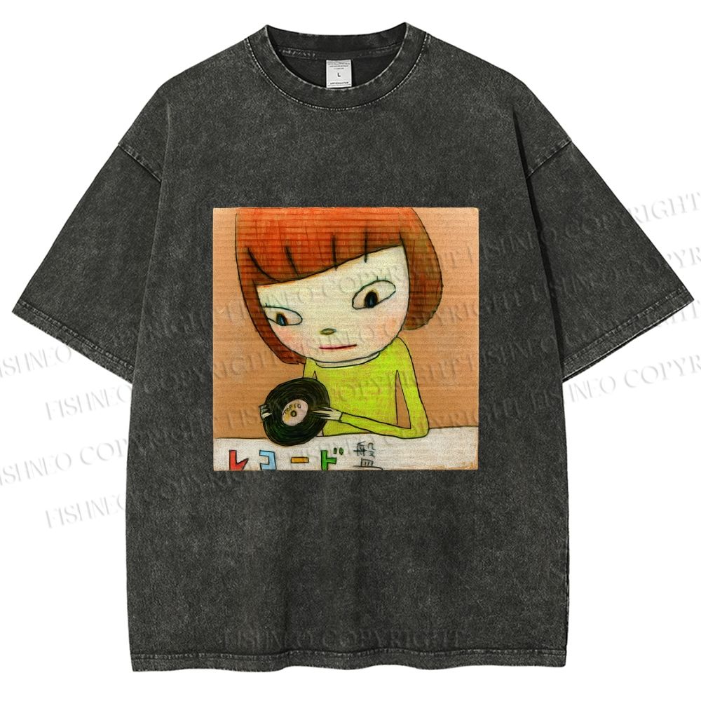 Unisex Yoshitomo Nara Holding Vinyl Record Printed Washed Tee