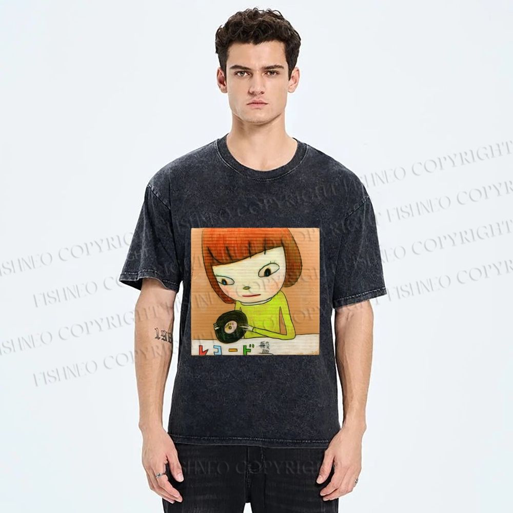 Unisex Yoshitomo Nara Holding Vinyl Record Printed Washed Tee