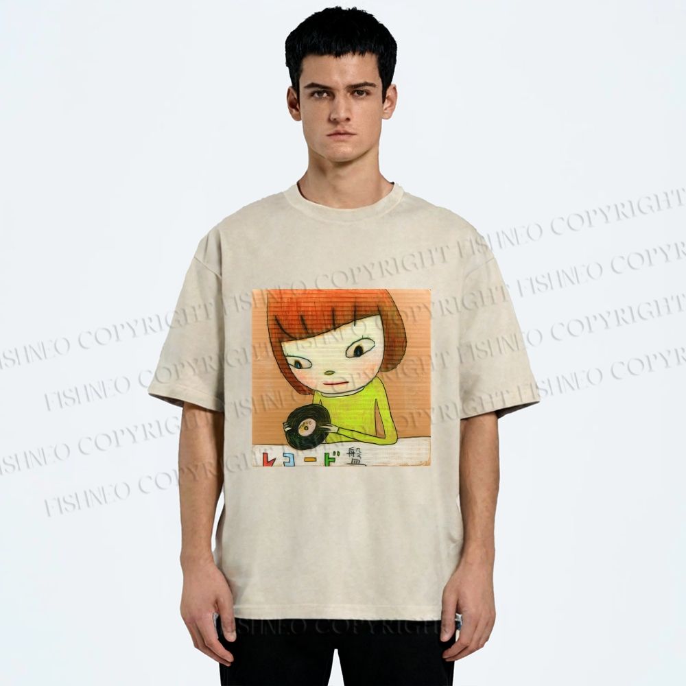 Unisex Yoshitomo Nara Holding Vinyl Record Printed Washed Tee