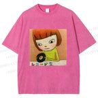 Unisex Yoshitomo Nara Holding Vinyl Record Printed Washed Tee