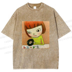 Unisex Yoshitomo Nara Holding Vinyl Record Printed Washed Tee