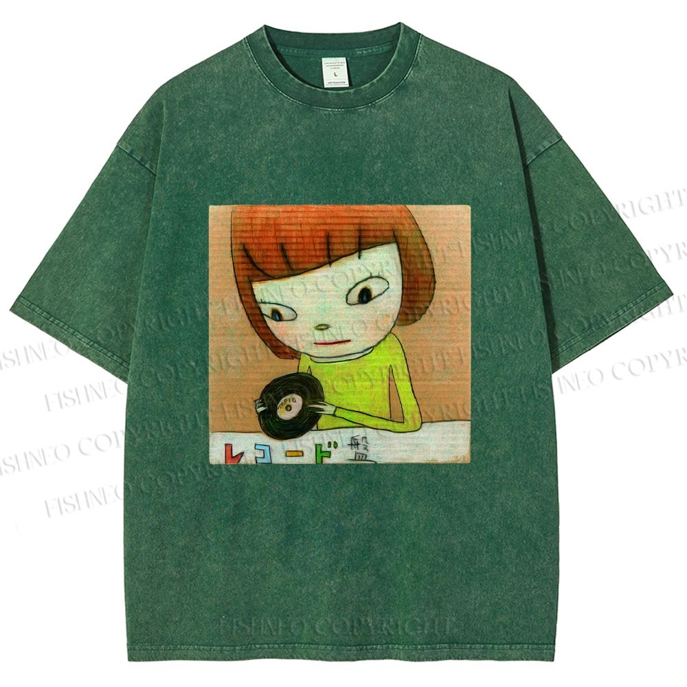 Unisex Yoshitomo Nara Holding Vinyl Record Printed Washed Tee